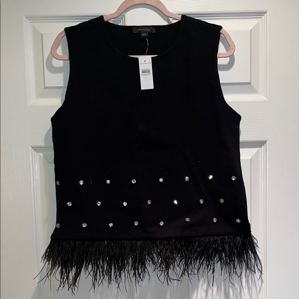 Ann Taylor Black Tank Top with Feather and Gem Accents